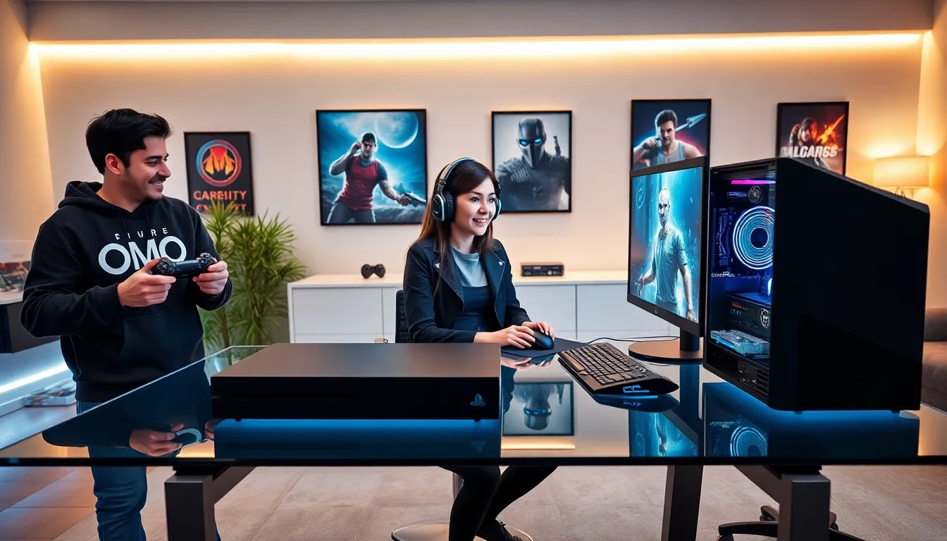 diverse gamers enjoying console PC gaming setup with monitors and controllers.