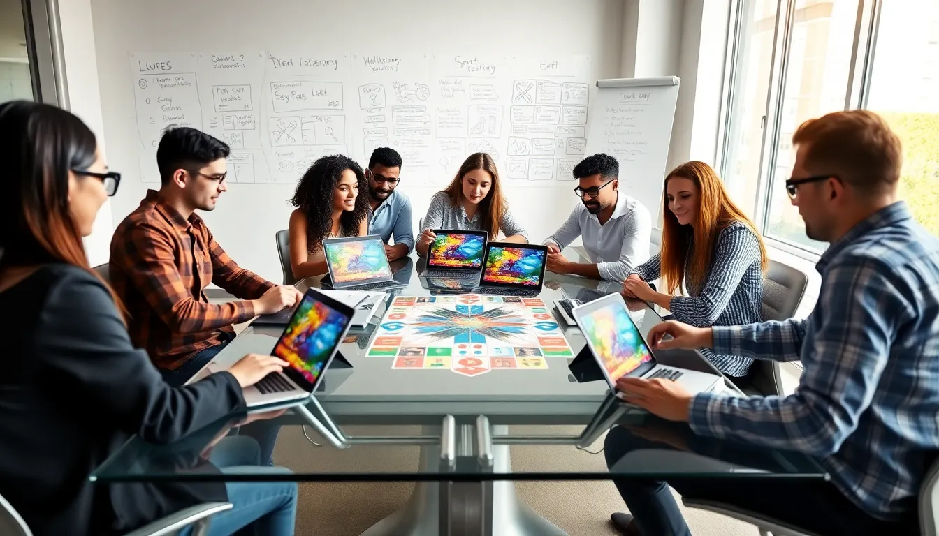 diverse game developers collaborating over Ludo game design.
