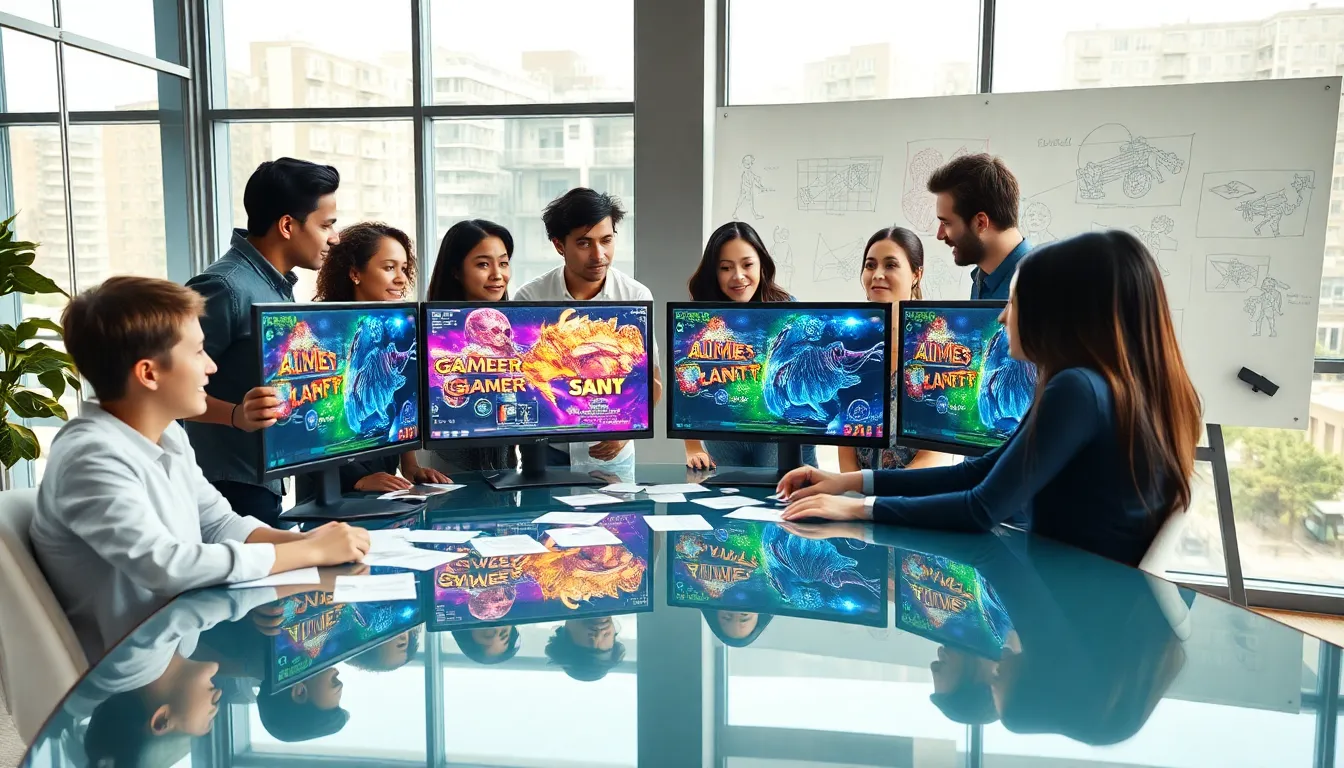 diverse team collaborating on game development in a modern office.